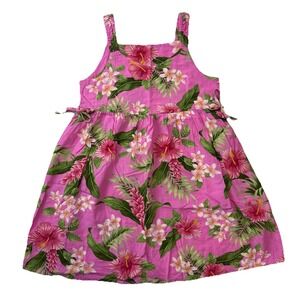 Girls Pink Hawaiian Floral‎ Sundress Tropical Sleeveless Dress 100% Cotton S 4-5